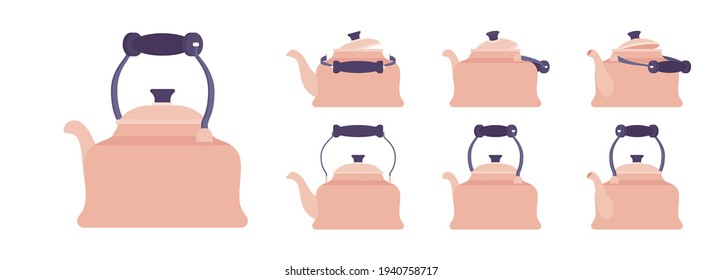 Tea retro kettle set, metallic teapot in classic design. Household appliance with lid, spout, handle for boiling water. Vector flat style cartoon illustration isolated, white background different view