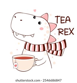 Té Rex. Dinosaurio lindo de la historieta con la bebida caliente del té. Divertido dino en bufanda sosteniendo taza de té. Pequeño tiranosaurio con té. Puede ser utilizado para la tarjeta de felicitación, impresión de la camiseta de los niños, cartel. Vector EPS8