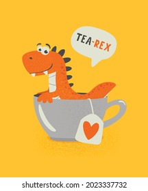 Tea Rex. Vector Funny and Cute Textured Cartoon Dinosaur in Tea Cup. Mug with Hot Tea Beverage and Hand Drawn Tyrannosaur Rex, T-rex. Kids, Children's Illustration, Print