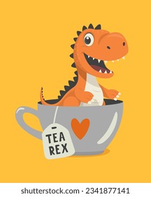 Tea Rex. Vector Funny and Cute Textured Cartoon Dinosaur in Tea Cup. Mug with Hot Tea Beverage and Hand Drawn Tyrannosaur Rex, T-rex. Kids, Children s Illustration, Print