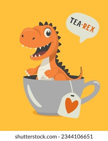 Tea Rex. Vector Funny and Cute Textured Cartoon Dinosaur in Tea Cup. Mug with Hot Tea Beverage and Hand Drawn Tyrannosaur Rex, T-rex. Kids, Children s Illustration, Print