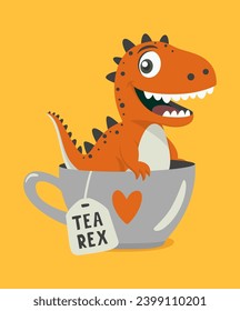 Tea Rex. Vector Funny and Cute Textured Cartoon Dinosaur in Tea Cup. Mug with Hot Tea Beverage and Hand Drawn Tyrannosaur Rex, T-rex. Kids, Children s Illustration, Print