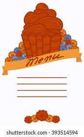 Tea room, bakery cute menu template with cupcake and flowers. Hand drawn vector illustration. Design for cafe. Can be used as tea party invitation and greeting card