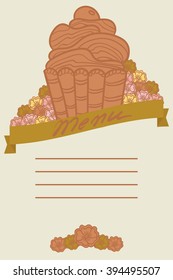 Tea room, bakery cute menu template with cupcake and flowers. Hand drawn vector illustration. Design for cafe. Can be used as tea party invitation and greeting card