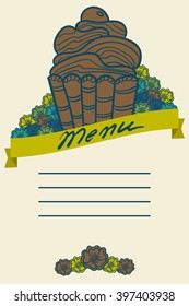 Tea room, bakery cute menu template with cupcake and flowers. Hand drawn vector illustration. Design for cafe. Can be used as tea party invitation and greeting card