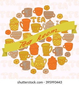 Tea room business card template, vector illustration. Template greeting card or invitation to "tea and coffee."