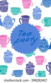 Tea room business card template. Invitation card for tea party. Vector illustration