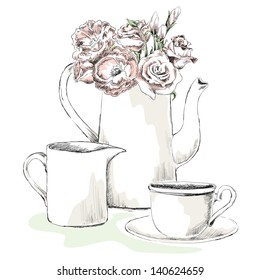 tea rose breakfast flowers for breakfast tea rose breakfast pink vegetation nature flower coffee food earth scenery cup art painting multicoloured nurture picture science image ornament illustration n