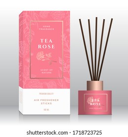 Tea Rose Home Fragrance Sticks Abstract Vector Label Box Template. Hand Drawn Sketch Flowers, Leaves Background. Retro Typography. Room Perfume Packaging Design Layout. Realistic Mockup. Isolated.