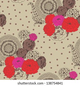 Tea Roses Seamless Pattern in Vintage Style(Copy that square to the side and you'll get seamlessly tiling pattern which gives the resulting image ability to be repeated or tiled without visible seams)