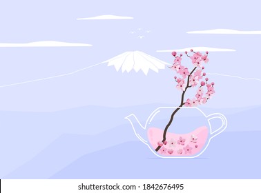 Tea sakura concept. Teapot with tea in asian style with sakura blossom and  Mount Fuji view background. Flat style vector illustration.