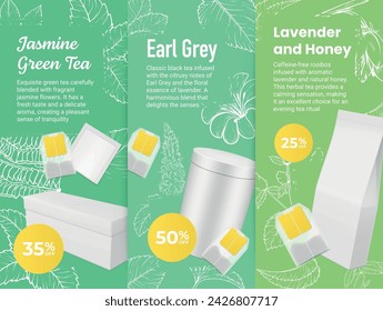Tea sale discount flyer, mockup poster set vector illustration. Herbal hot beverage menu natural drink organic product bag package box shopping promo