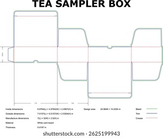 Tea Sampler Box Die Cut Diseño De Embalaje De Plantilla Con Dimensiones Y Lineamientos