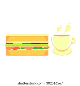 Tea and Sandwich breakfast food vector on white background