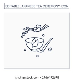 Tea scoop line icon. Unique ladle for traditional herbal tea in cup.Japanese ethnic and national ceremony. Sakura twig. Tea ceremony concept.Isolated vector illustration.Editable stroke