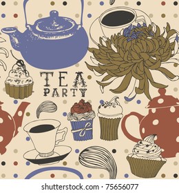 tea seamless background with cake and flower