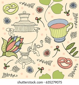 Tea. Seamless background with samovar