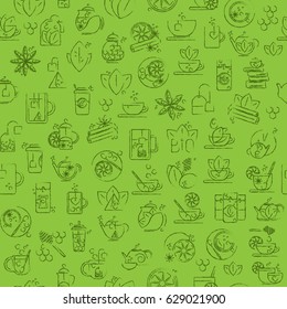 Tea seamless background with thin line icons - green tea pattern