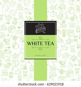 Tea seamless background with thin line icons - white tea pattern
