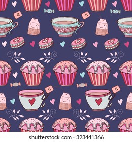 Tea seamless doodle teatime backdrop. Tea time elements in pink and blue color to use it as pattern fills, web page background, surface textures, fabric or paper, backdrop design. 