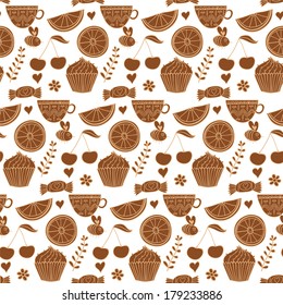 Tea seamless doodle teatime backdrop.Cakes to celebrate any event or occasion, use it as pattern fills, web page background, surface textures, fabric or paper, backdrop design. Summer template.