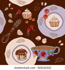 Tea seamless pattern tea background cute sweets saucers cups tea time pattern hand drawn vector 