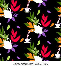 Tea seamless pattern with colored leaves and teapot.