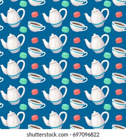 Tea seamless pattern. Colorful breakfast background with cups, teapots and macaroons
