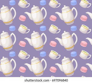 Tea seamless pattern. Colorful breakfast background with cups, teapots and macaroons