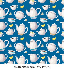 Tea seamless pattern. Colorful breakfast background with cups, teapots and lemon