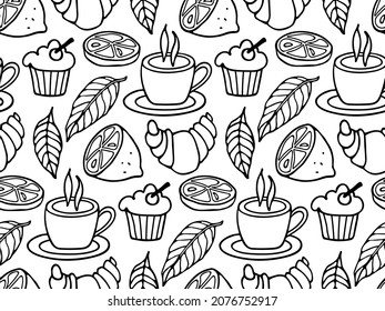 El té es un patrón sin fisuras. Taza de té, hojas, limón, bizcocho, fondo croissant. Vector de caricatura blanco negro para impresión, papel pintado, envoltura, embalaje, textil, scrapbooking. Día Internacional del Té.
