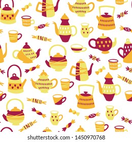 Tea Seamless Pattern with Cups, Pots and Candy. Hand Drawn Vector Illustration. 