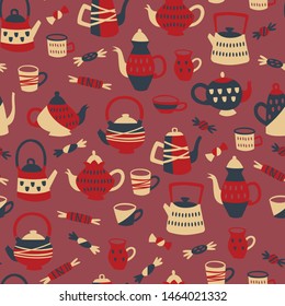 Tea Seamless Pattern with Cups, Pots and Candy. Hand Drawn Vector Illustration. 