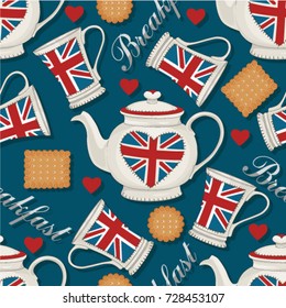 Tea seamless pattern. Decorative teapots and cups background. British Breakfast Vintage seamless pattern