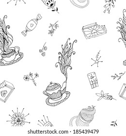 Tea seamless pattern. Doodle vector illustration.