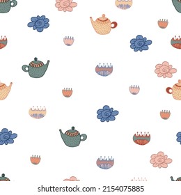tea seamless pattern with flowers and dots. Vector isolated multicolored cartoon illustration