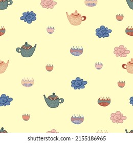 tea seamless pattern with flowers and dots. Vector isolated multicolored cartoon illustration