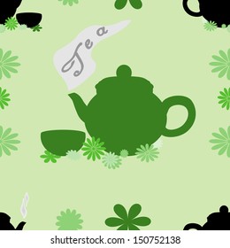 Tea seamless pattern of green color with elements of Chinese teapot and flowers