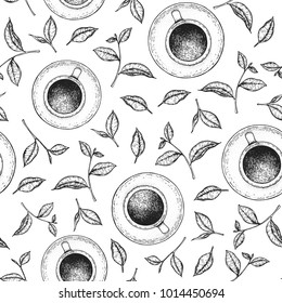 Tea Seamless Pattern. Hand Drawn Tea Leaf And Cup Vector Illustration. Vintage Packaging Design. Engraved Style.