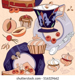 Tea seamless pattern hand drawn vector, pattern with teacups, teapots, cakes  