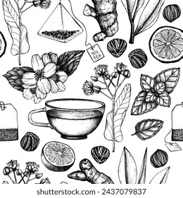 Tea seamless pattern. Herbal tea ingredient background. Herb, spice, fruit, berry sketches. Hand-drawn vector illustration. NOT AI generated
