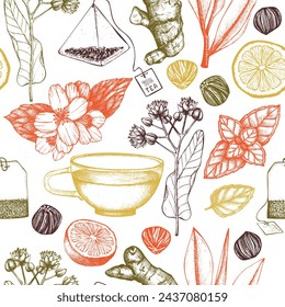 Tea seamless pattern. Herbal tea ingredient background. Herb, spice, fruit, berry sketches. Hand-drawn vector illustration. NOT AI generated