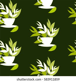 Tea seamless pattern with leaves and cup.