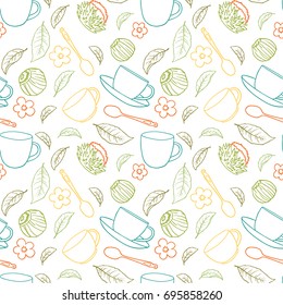 Tea seamless pattern. Tea leaves and flowers, and cups - endless design background
