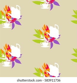 Tea seamless pattern with leaves and teapot.