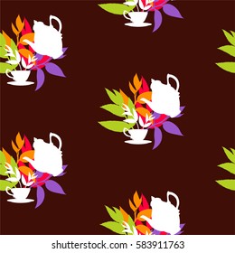 Tea seamless pattern with leaves and teapot and cup.