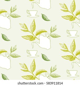 Tea seamless pattern with leaves and teapot.