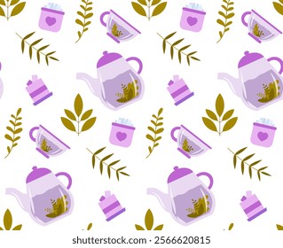 Tea seamless pattern. Repeating design element for printing on fabric. Aroma and beverage. Bags with herbal tea. Ceramics teapot and mug with hot drink. Flat vector illustration