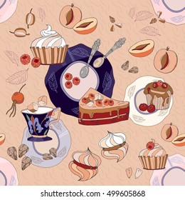 Tea seamless pattern sweets saucers cups cute tea party background 