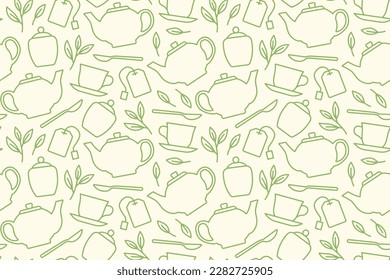 tea seamless pattern with teapot, cup, leaves, sugar bowl, spoon, bag icons  - vector illustration